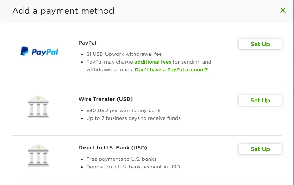 Upwork Payment Method Screenshot