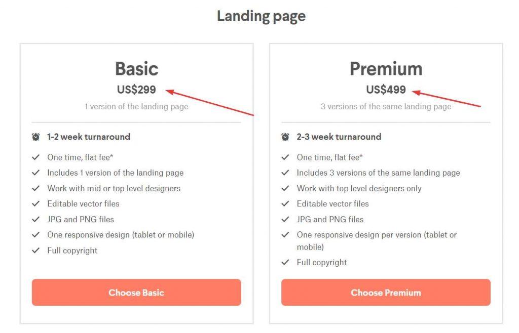 99design landing page pricing comparison